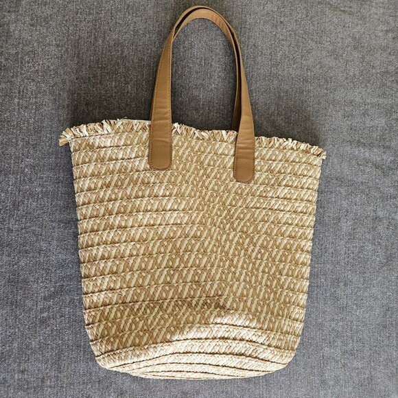 Lulla Collection Straw Paper Tote Bag Beige Double Handle Summer Beach Coastal - Picture 2 of 16